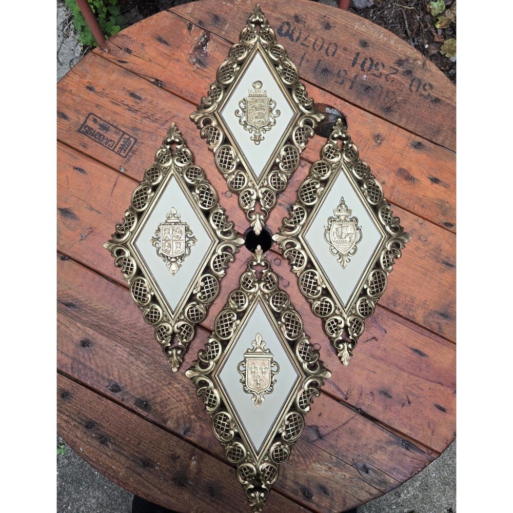 Set Of 4 Coat Of Arms Homco Wall Art Diamond Shape Gold Hollywood Regency Resin